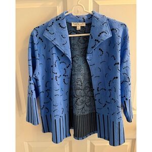 Andria Lieu Collection Blue Flocked Swirl Open Front Jacket Women's Large USA